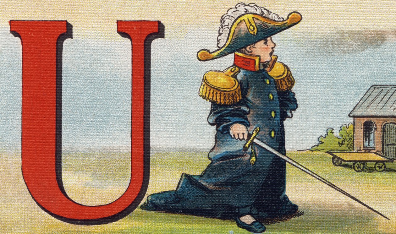 U-kirjain: yhtenäinen. Kaiverrus "Alphabet de ma petite fille". Bernardin-Bechet ja Fils, kirjakauppias-kustantajat, Pariisi, noin 1895. Rikkoutumaton albumi kankaalle. Bibliotheque des Bebes. 12 sivua. Albumi, joka sisältää lukumenetelmän ja havainnollise tekijältä Unbekannt