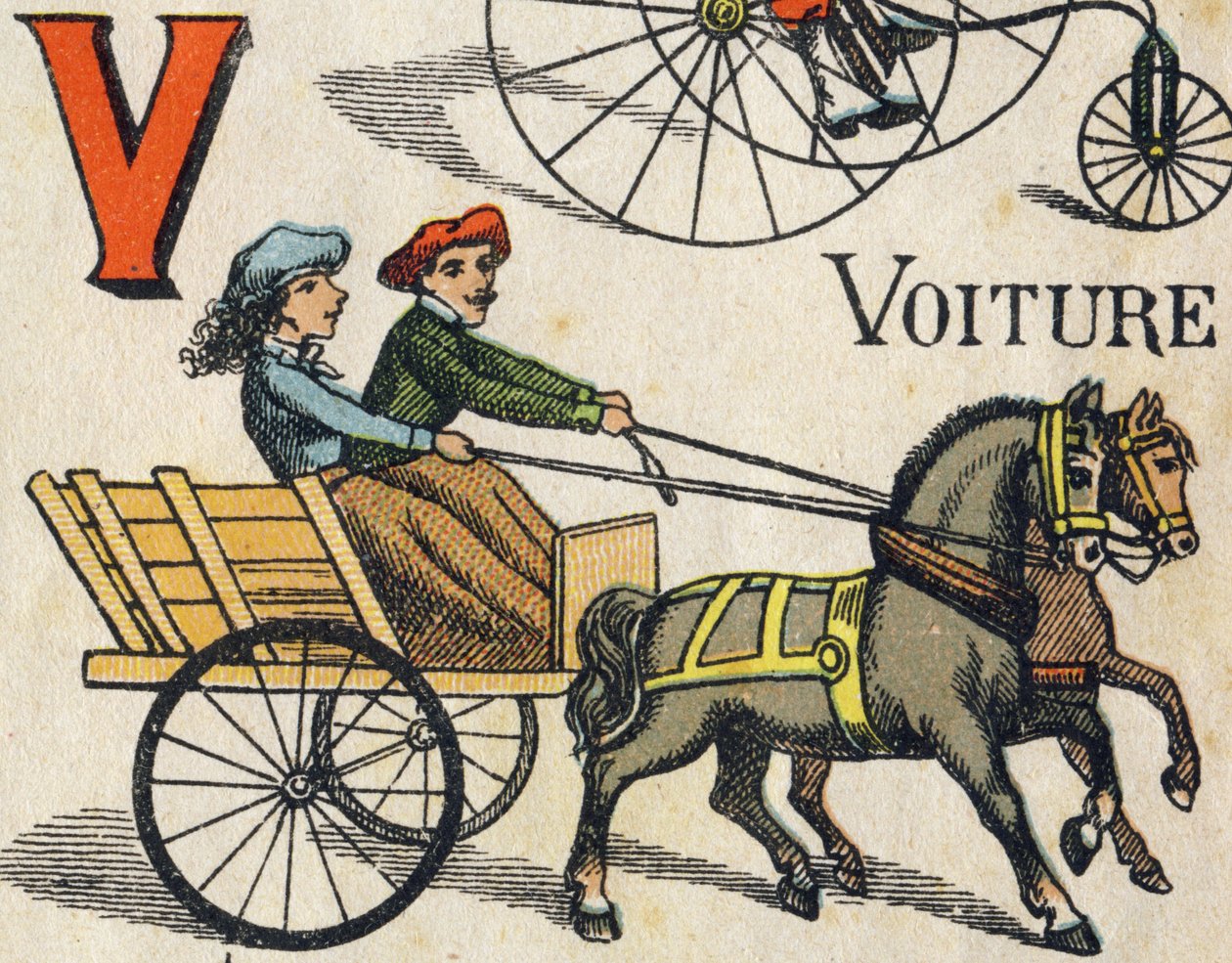 V-kirjain autolle. Kaiverrus "ABC Toys". Epinaalinen kuvantaminen kromolitografiassa, noin 1890. Pieni 8-sivuinen vihko. Mitat: 195x135mm, tarkoitettu mainoksen vastaanottamiseen 4. kannessa. Käyttää kotona, se tarjoaa maineikkaan abeceeded ja pienen lukem tekijältä Unbekannt