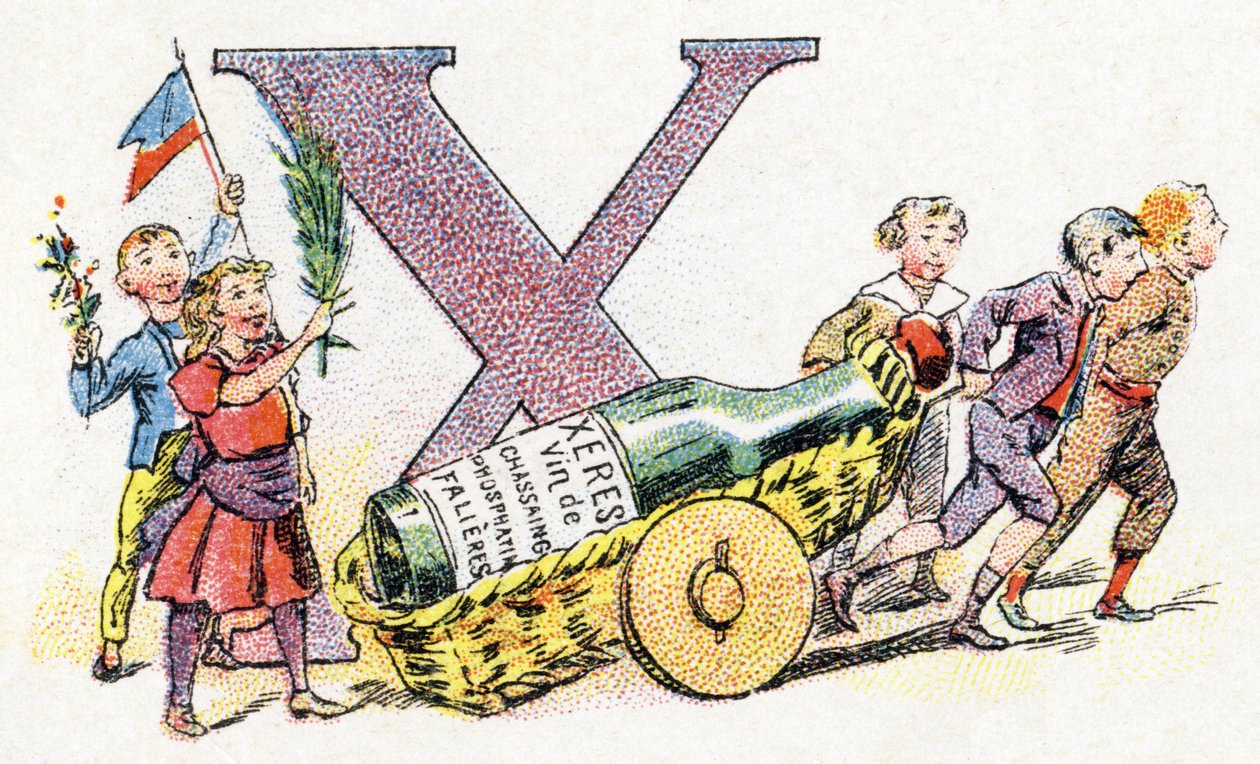 Kirjain X: Xeres. Fosfatine Falieresin aakkoset. Kaiverrus. Brevete aakkoset S.G.D.G. apteekkari Pierre Emile Falieres. Kuvituksia kromolitografiassa, 1800-luvun loppu. 16 sivua. Mitat: 103x154mm tekijältä Unbekannt