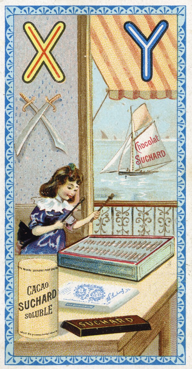 Kirjain X: ksylofonisti ja Y: yatagan, jahti. Chocolat Suchardin toimittama aakkosten kaiverrus, 1900-luvun alku. 24 kromolitografiaa, jotka edustavat kuvasta löydettäviä paikkoja, hahmoja ja esineitä. Mitat: 105x55mm tekijältä Unbekannt
