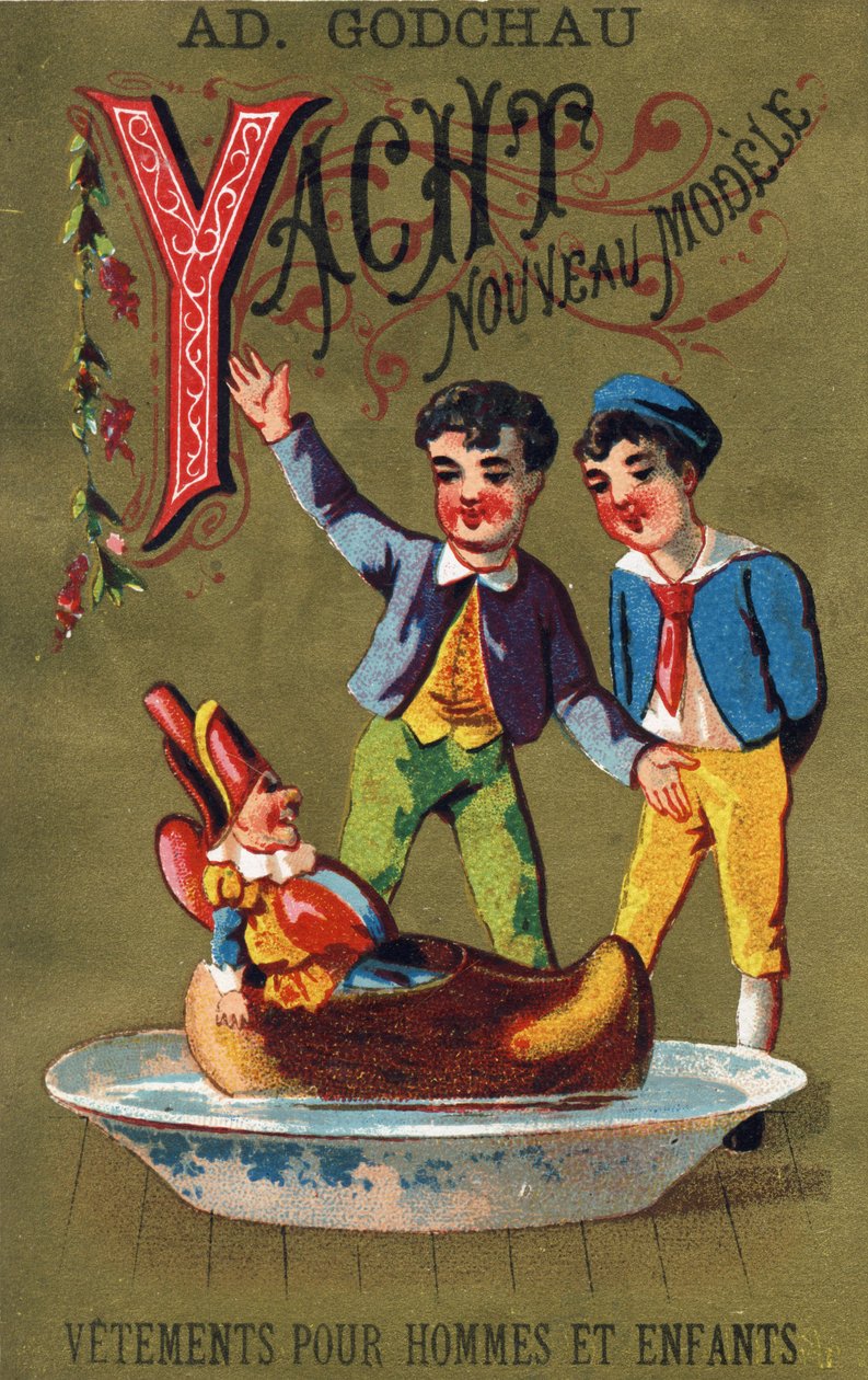 Y-kirjain: huviveneen uusi malli. Kaiverrus kirjaimella "Alphabet des grotesques". Sarja 25 mainoskromolitografiaa dore-taustalla, 1800-luvun loppu. Mitat: 11 x 7 cm tekijältä Unbekannt
