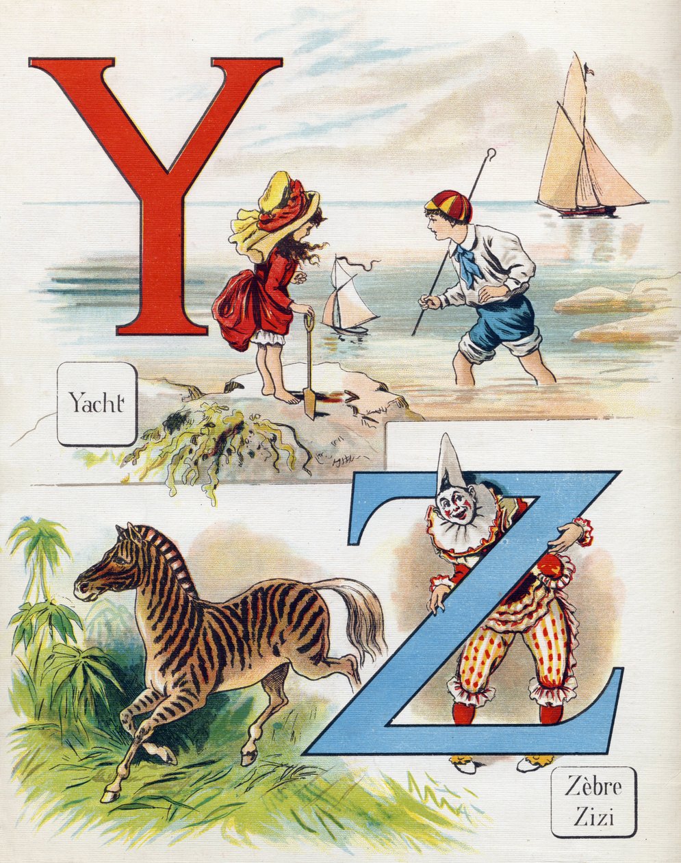 Kirjain Y ja Z: Yatch, seepra ja Zizi klovni. Kaiverrus "ABC L