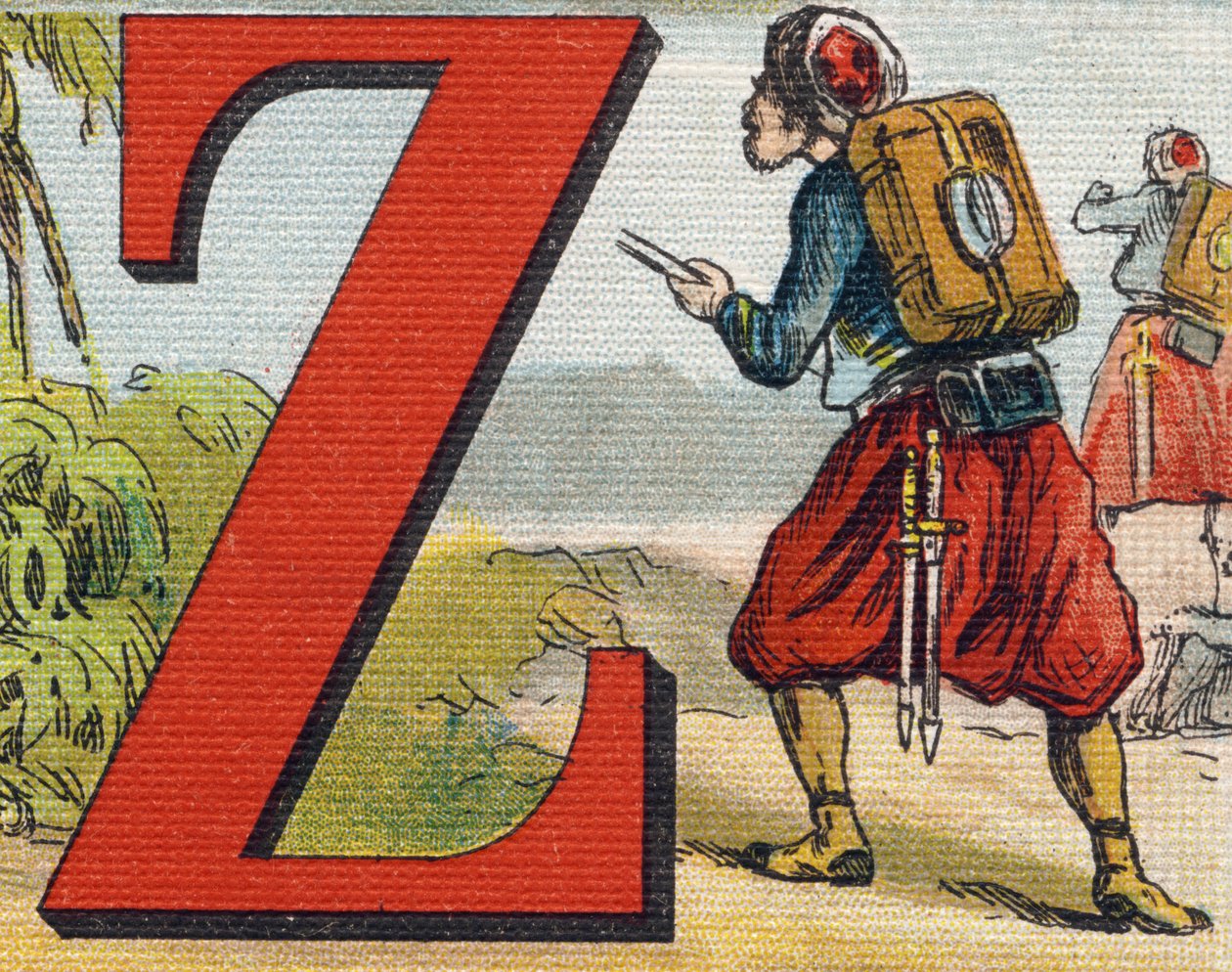 Kirjain Z: Zouave. Kaiverrus "Alphabet de ma petite fille". Bernardin-Bechet ja Fils, kirjakauppias-kustantajat, Pariisi, noin 1895. Rikkoutumaton albumi kankaalle. Bibliotheque des Bebes. 12 sivua. Albumi, joka sisältää lukumenetelmän ja havainnollisen ab tekijältä Unbekannt
