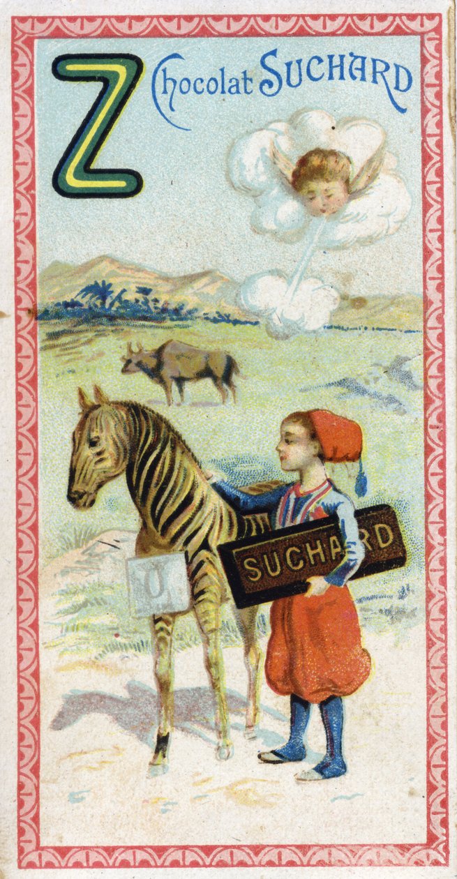 Z-kirjain: zefiiri, zouave, seebu, seepra, nolla. Chocolat Suchardin toimittama aakkosten kaiverrus, 1900-luvun alku. 24 kromolitografiaa, jotka edustavat kuvasta löydettäviä paikkoja, hahmoja ja esineitä. Mitat: 105x55mm tekijältä Unbekannt