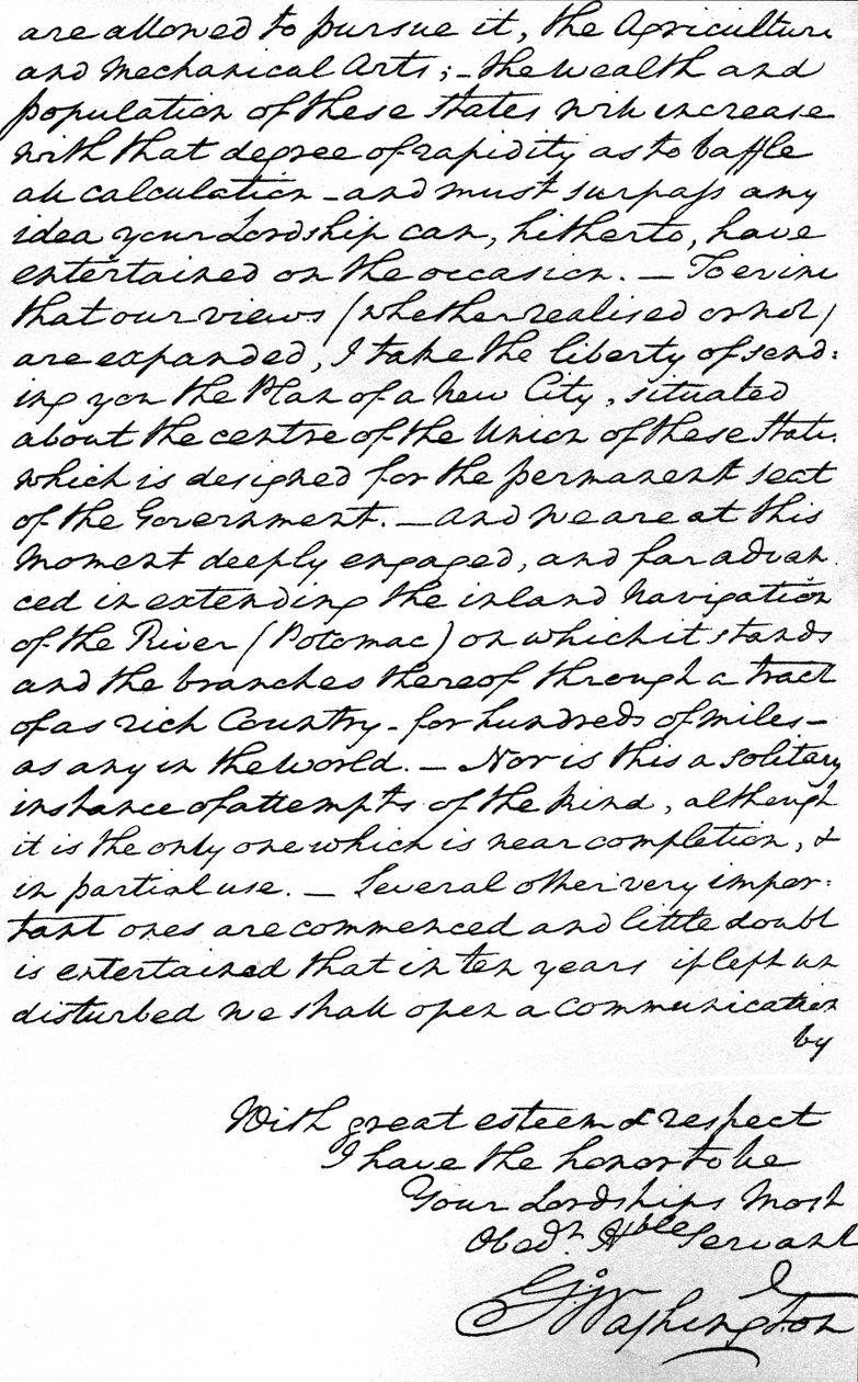George Washingtonin kirje Earl of Buchanille, jossa esitetään Yhdysvaltojen tulevan ulkopolitiikan periaatteet, mukaan lukien rauha, yleinen ystävyys ja Euroopan politiikkaan osallistumisen välttäminen, sekä suunnitelmat uuden pääkaupungin rakentamisesta tekijältä Unbekannt