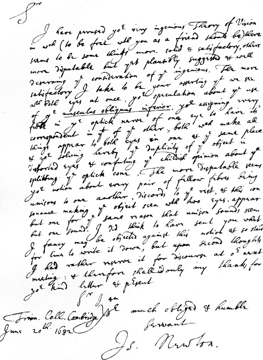 Sir Isaac Newtonin kirje M.D. William Briggsille, kirjoitettu Trinity Collegesta Cambridgesta, 20. kesäkuuta tekijältä Unbekannt