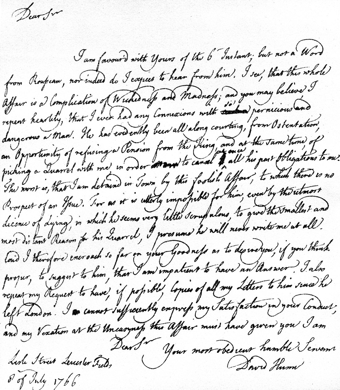 David Humen kirjoittama kirje Richard Davenportille, jossa viitataan hänen suhteensa suuriin vaikeuksiin Jean-Jacques Rousseaun kanssa, Rousseaun kieltäytymiseen ottamasta eläkettä ja hänen riitoihinsa Humen kanssa, 8. heinäkuuta tekijältä Unbekannt