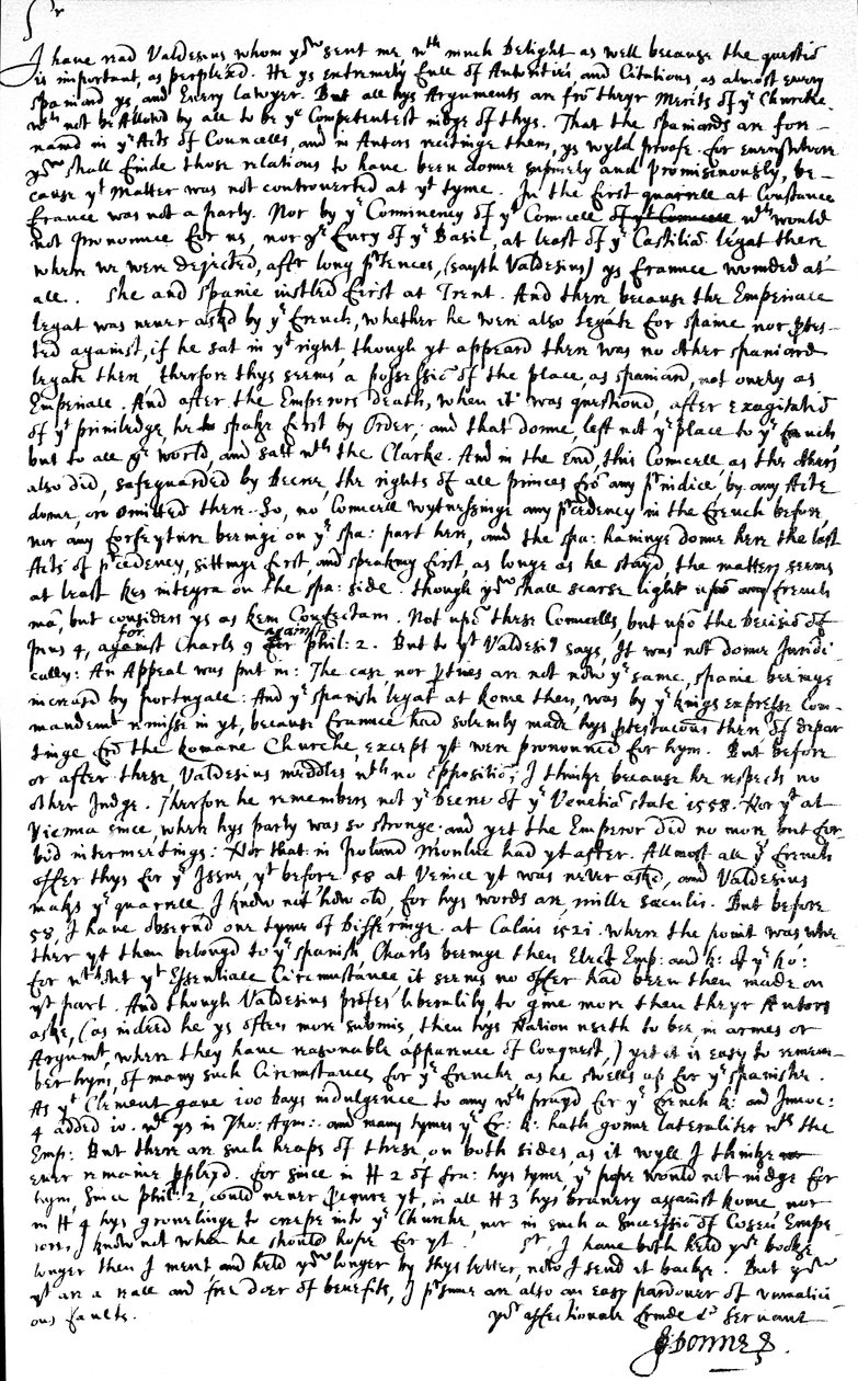 John Donnen kirjoittama kirje Sir Robert Cottonille, jossa palautetaan kritiikin kera kopio Jacobus Valdesiuksen (Diego de Valdes) tutkielmasta "De Dignitate regum regnorumque Hispaniae" Espanjan etuoikeudesta muihin kansoihin nähden. tekijältä Unbekannt