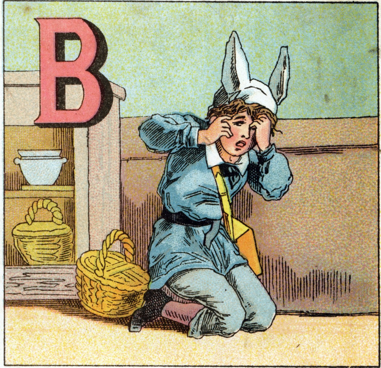 B-kirjaimet aasilakkina. Kaiverrus "Alphabet des petits ecoliers". Epinalin kuva, noin 1885. Privee Collection tekijältä Unbekannt