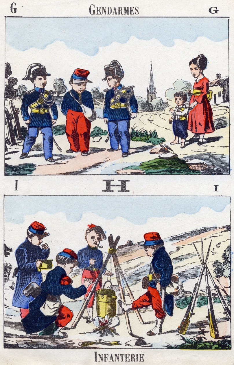 Kirjeet G H I: Santarmit ja jalkaväki. Kaiverrus "Alphabet militaire enfantin"". Kuvat Pont-a-Moussonista, noin 1890. 20 sivua. Mitat: 28,5 x 21 cm tekijältä Unbekannt