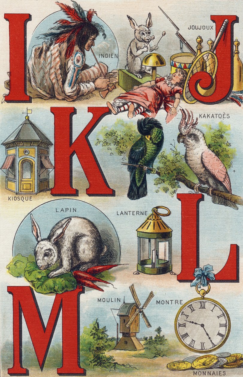 Kirjaimet I J K L; Intialainen; Lelut; Kakatoes; Kioski; Lyhty; Kani; Katso Kolikot; mylly. Kaiverrus "Tyttärentyttäreni aakkosissa". Bernardin-Bechet ja Fils, kirjakauppias-kustantajat, Pariisi, noin 1895. Rikkoutumaton albumi kankaalle. Vauvan kirjasto.  tekijältä Unbekannt
