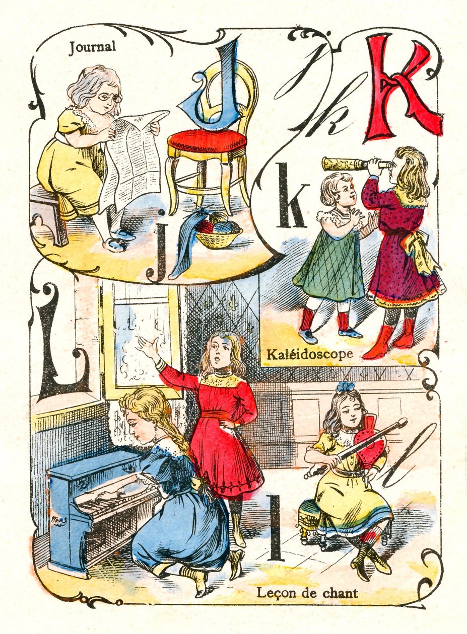 Kirjaimet J K ja L päiväkirjana, kaleidoskooppina ja laululekonina. Kaiverrus "Hauskat aakkoset". Kuvaus Pont-a-Moussonista. Painatus ja kustantaminen Louis Vagne, 1800-luvun loppu tekijältä Unbekannt