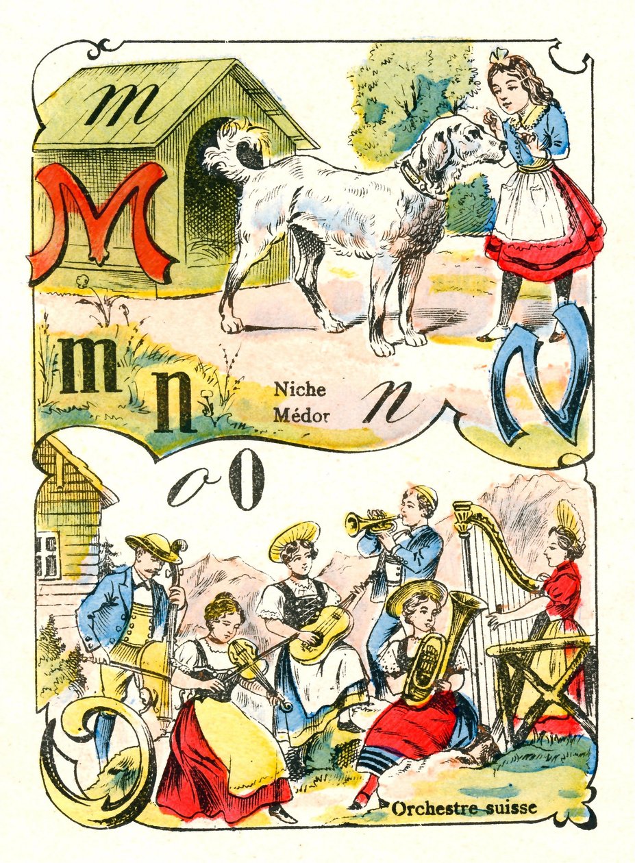 Letters M N ja O kuten Medor, Niche ja Swiss Orchestra. Kaiverrus "Hauskat aakkoset". Kuvaus Pont-a-Moussonista. Painatus ja kustantaminen Louis Vagne, 1800-luvun loppu tekijältä Unbekannt