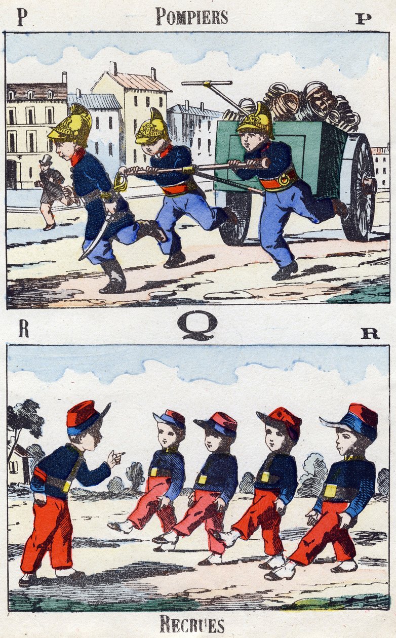 Kirjeet P Q R: Palomiehet ja värvätyt. Kaiverrus "Alphabet militaire enfantin"". Kuvat Pont-a-Moussonista, noin 1890. 20 sivua. Mitat: 28,5 x 21 cm tekijältä Unbekannt