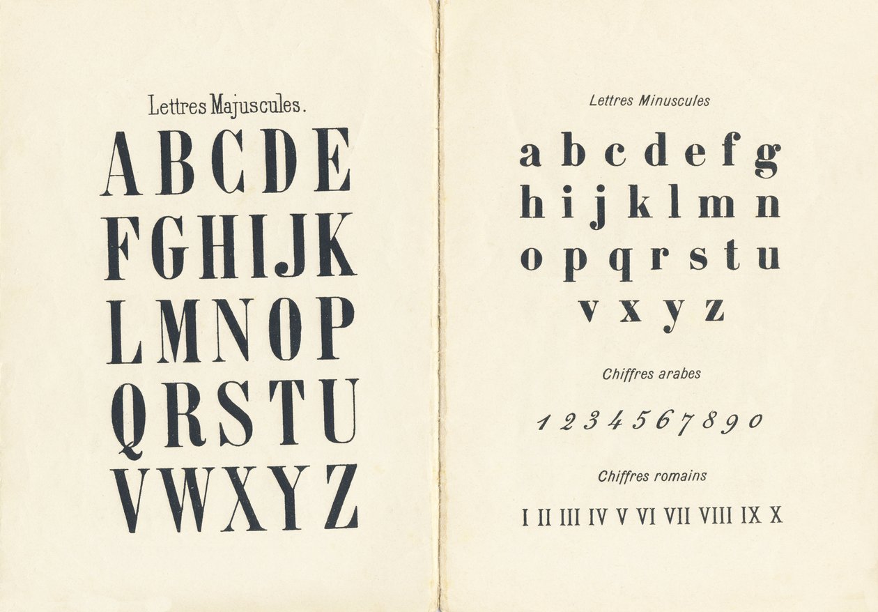 Isot ja pienet kirjaimet, arabialaiset ja roomalaiset numerot - Kaiverrus otettu pienten tyttöjen ABCD:stä. Pellerin & Cie, kirjapaino-kustantaja, Epinal, noin 1890. Serie A. Mitat: 19 x 13,5 cm. tekijältä Unbekannt