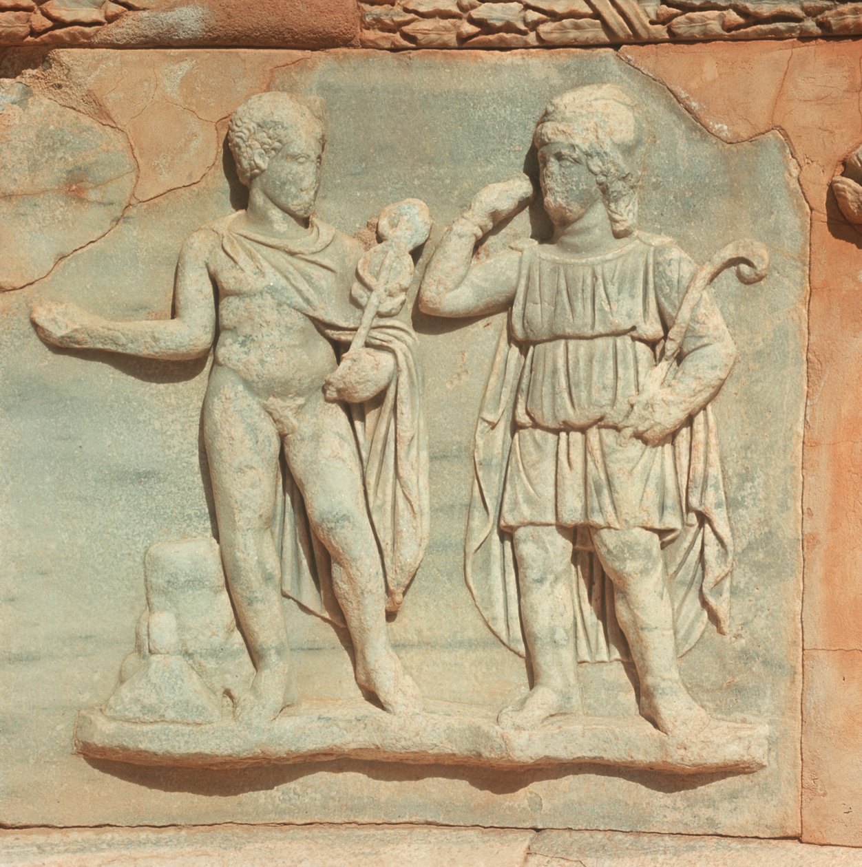Libya, Historiallinen Tripolitania, Muinainen Sabratha, Teatteri, Yksityiskohta helpotuksesta tekijältä William M. Timlin