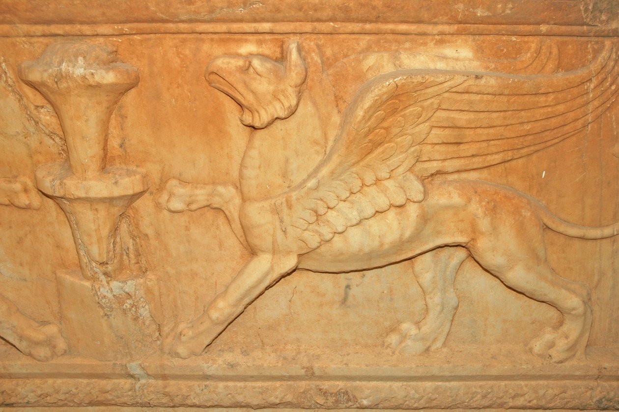 Libya, myyttinen pedon kaiverrusyksityiskohta Attic Sarcophagusissa (2. vuosisadalla jKr.) tekijältä Unbekannt