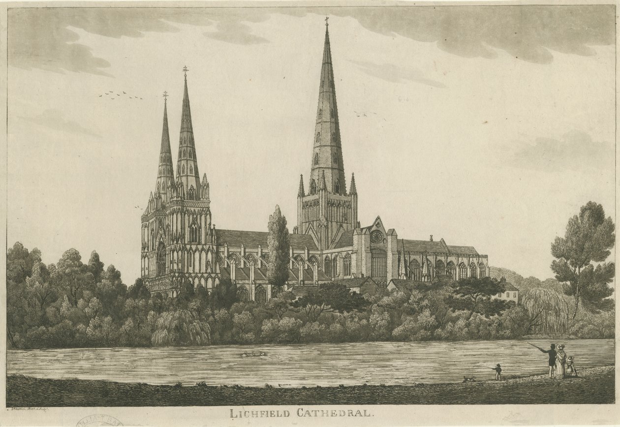 Lichfieldin katedraali - Etelänäkymä: akvatintakaiverrus, nd [c 1820-1830] tekijältä Unbekannt