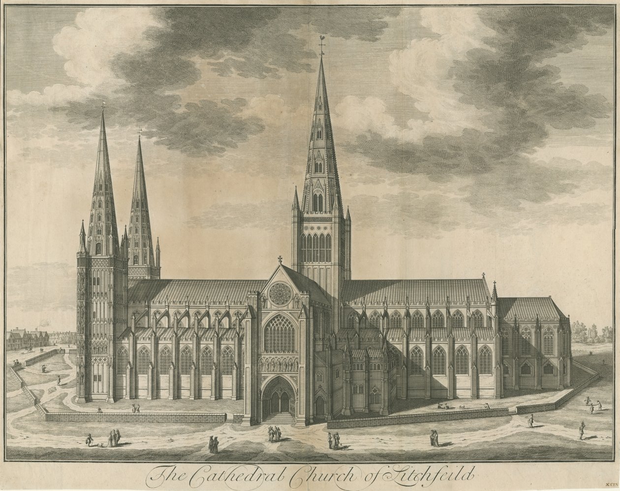 Lichfieldin katedraali - Etelänäkymä: kaiverrus, nd [c 1730] tekijältä Unbekannt