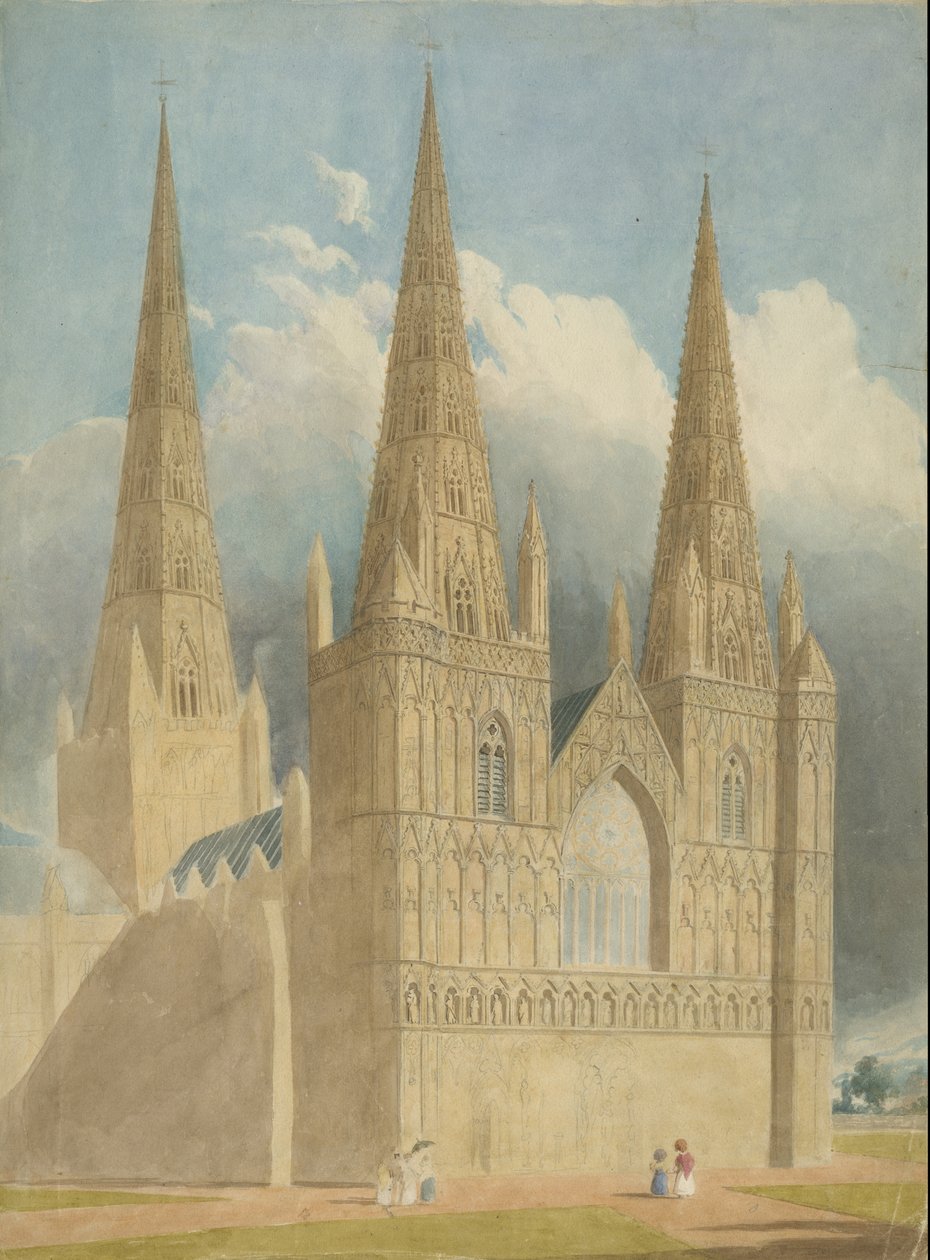 Lichfield Cathedral - West Front: akvarellimaalaus ja [c 1840] tekijältä Unbekannt