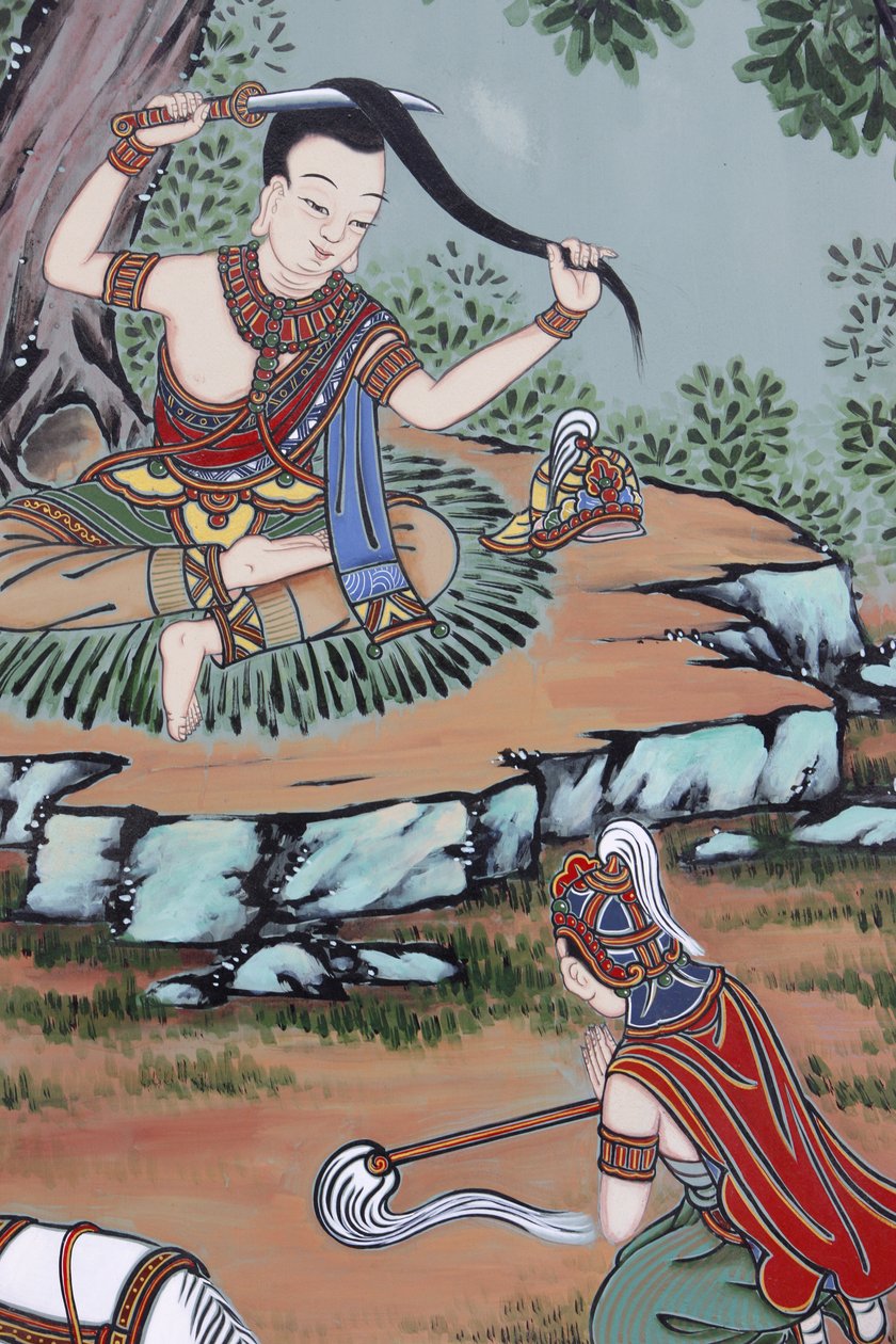 Buddhan elämä Kaukana palatsista prinssi Siddhartha vaihtoi hienot vaatteensa rätteihin ja leikkasi pitkät hiuksensa, Soul, Coree du Sud tekijältä Unbekannt