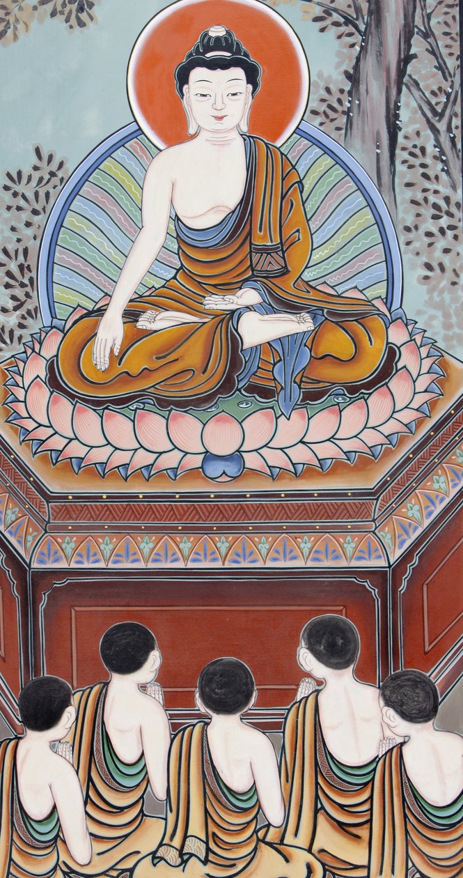 Buddhan elämä Buddhana, heränneenä, hän palasi opettamaan viidelle harjoittajatoverilleen epätyydyttömyyden jaloa totuutta, syyn jaloa totuutta (himoa), lopettamisen jaloa totuutta ja jaloa 8-kertaista polkua, joka johtaa lopettaminen tekijältä Unbekannt