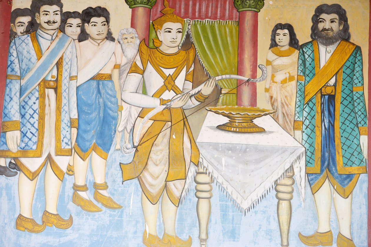 Buddhan elämä Prinssi Siddhartha Gautamasta tuli miekkailun, painin ja jousiammunta, Siem Reap, Kambodža tekijältä Unbekannt