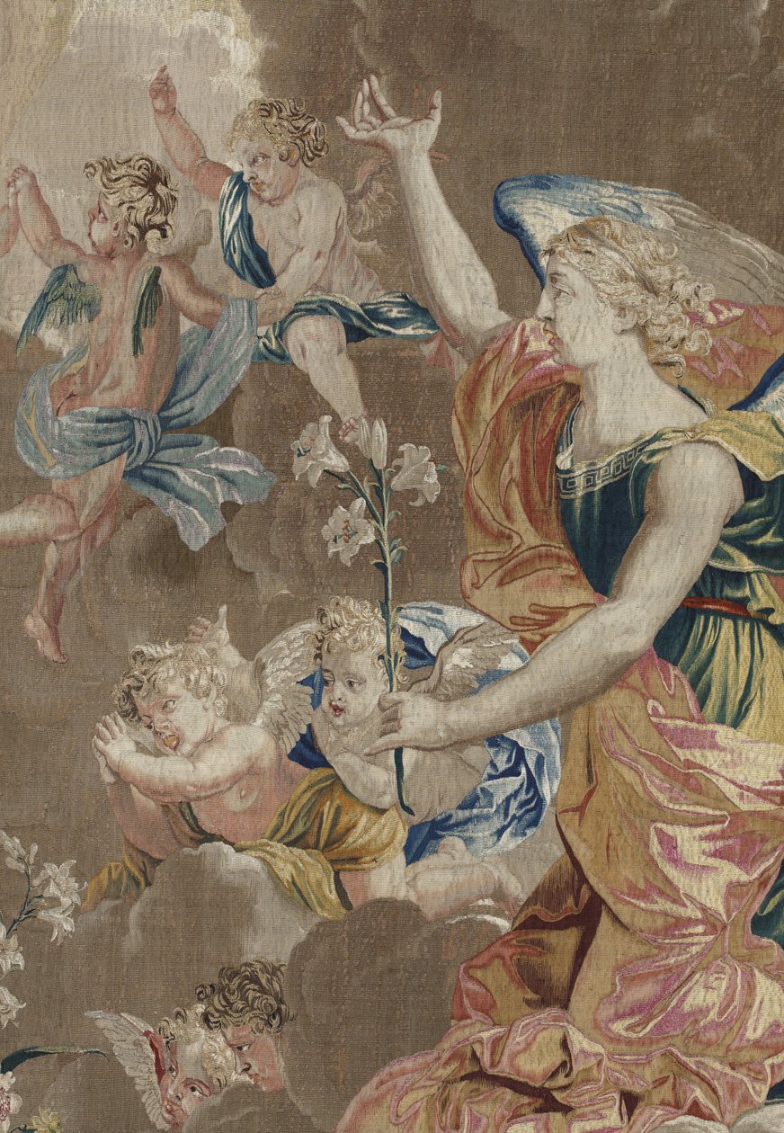 Neitsyen elämä: "Annunciation" - Yksityiskohta Pierre Damourin työpajassa Charles Poersonin (1609-1667) piirustusten mukaan tehty villa- ja silkkikudos tekijältä William M. Timlin