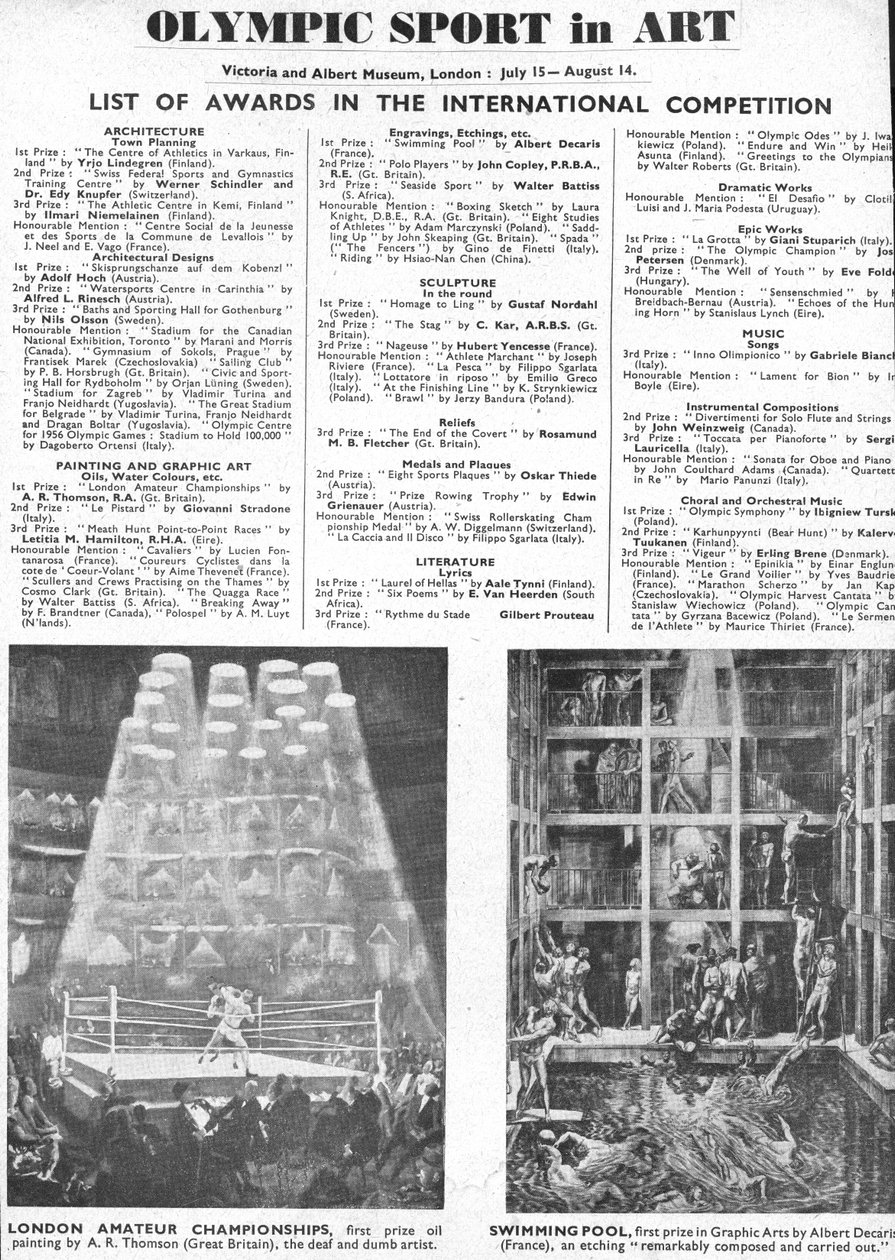 Luettelo Lontoon vuoden 1948 olympialaisten arkkitehtuurin, taiteen, kuvanveiston, kirjallisuuden, draaman ja musiikin palkintojen voittajista (litho) tekijältä Unbekannt