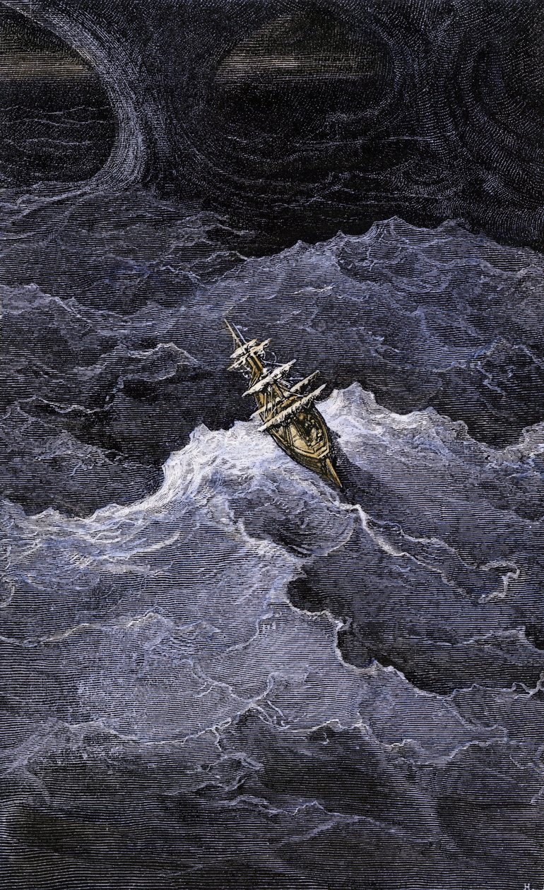 Kirjallisuus: Kirjallisuus: Vene keskellä merta. Kuvitus Samuel Taylor Coleridgen (1772-1834) romaaniin "Rime of the Ancient Mariner". Värikaiverrus Gustave Doren kuvituksen mukaan. tekijältä Unbekannter Künstler