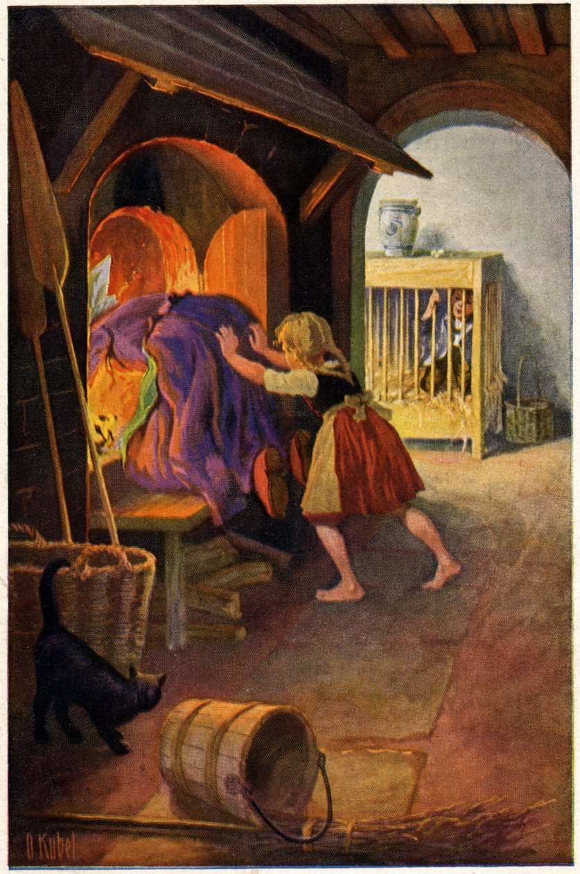 Kirjallisuus. Satu. Hansel ja Kerttu ja noita. Otto Kubelin kuvitus Grimmin veljesten tarinaan. Postikortti, Saksa, n. 1900 (postikortti) tekijältä Unbekannter Künstler