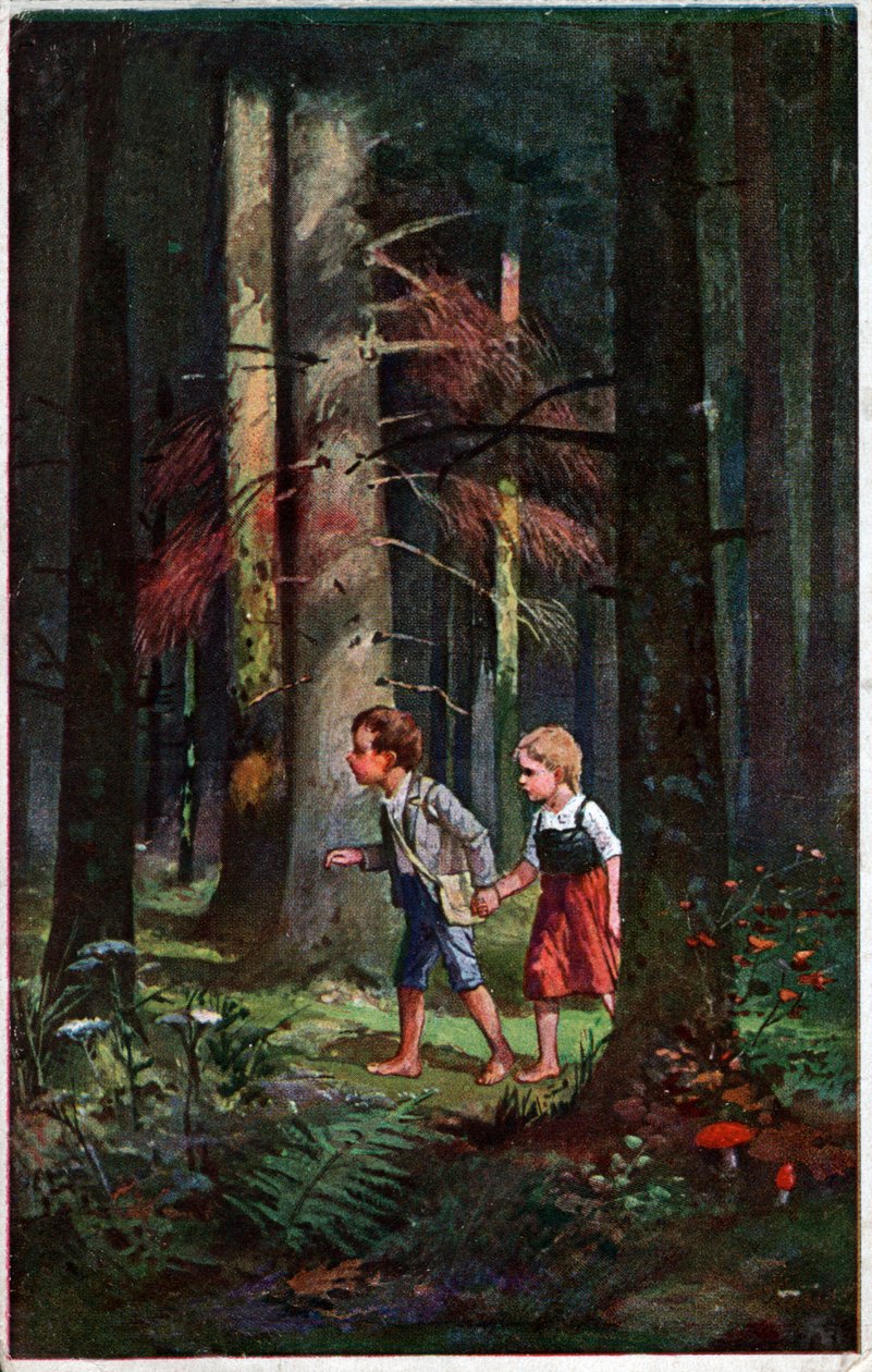 Kirjallisuus. Satuja. Hansel ja Kerttu eksyivät metsään. Otto Kubelin kuvitus Grimmin veljesten tarinaan. Postikortti, Saksa, n. 1900. tekijältä Unbekannter Künstler