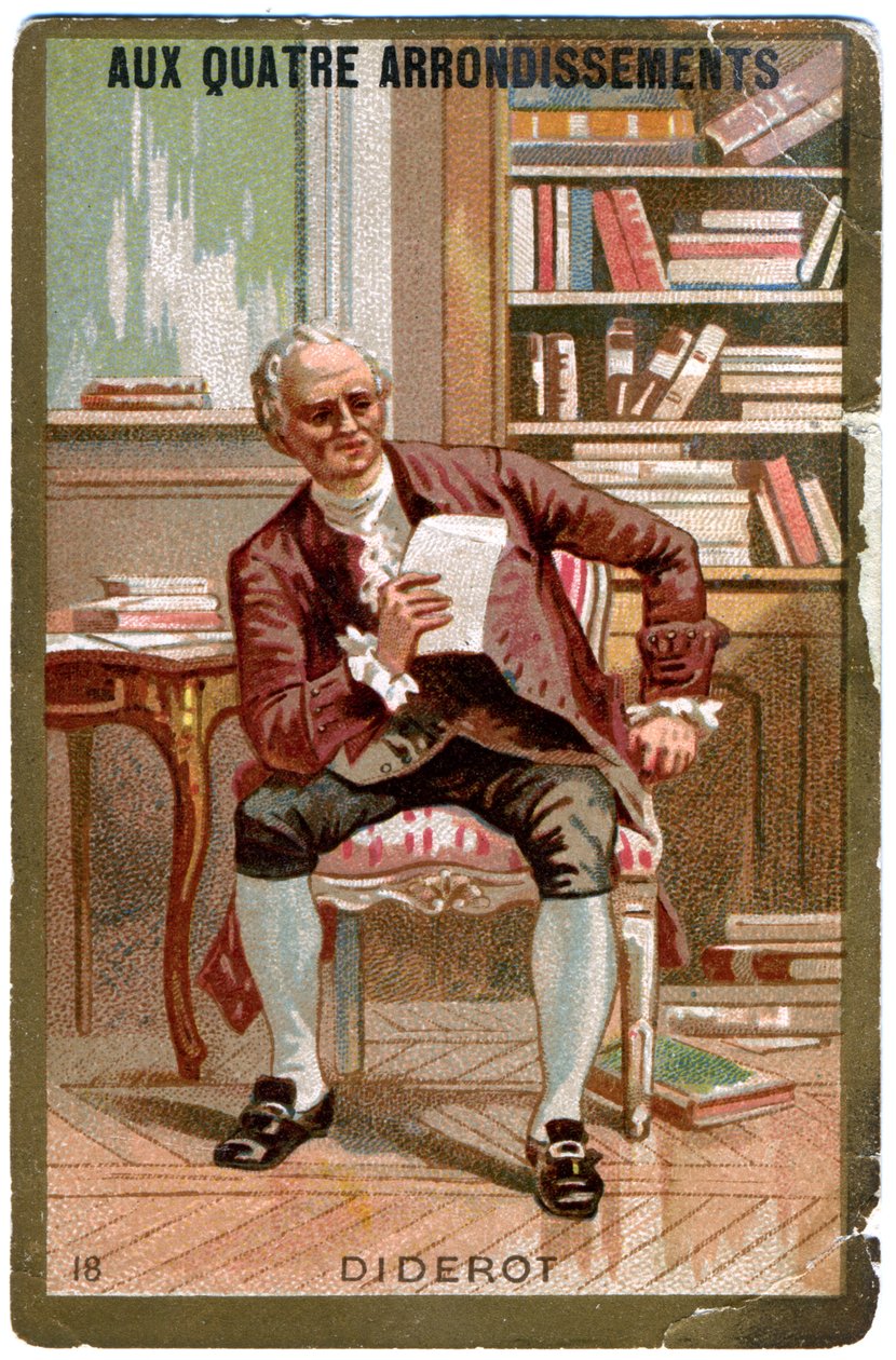 Kirjallisuus. Ranskalainen filosofi Denis Diderot. Mielikuvia pariisilaisesta tavaratalosta: Aux Quatre Arrondissements, Ranska, noin 1900. tekijältä Unbekannter Künstler
