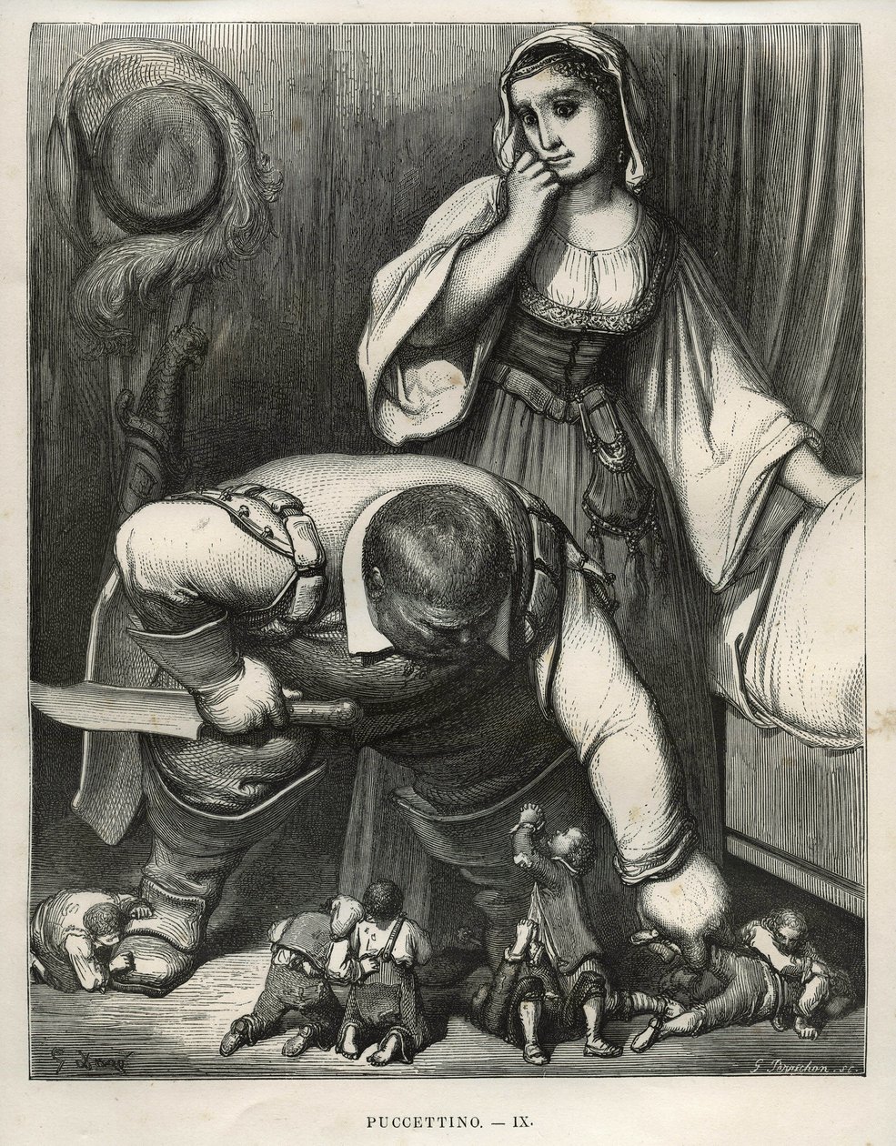 Pikku Pouket ja hänen veljensä pyysivät ogrea olemaan tappamatta heitä Gustave Doren (1832-1883) kaiverrus Charles Perrault