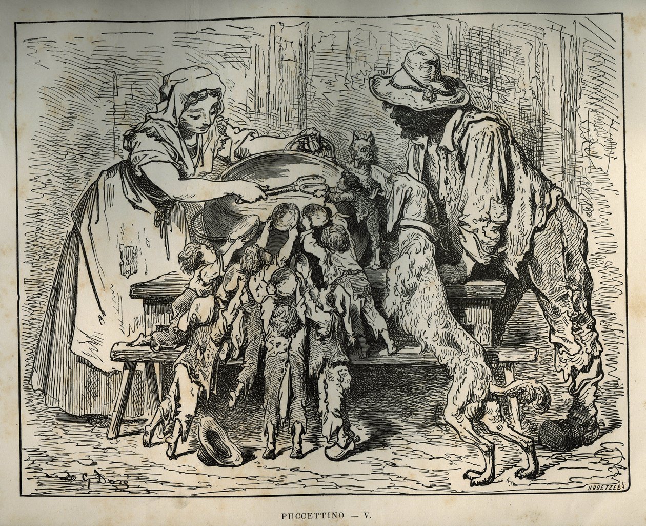 Pikku Poulet ja hänen nälkäiset veljensä. Gustave Doren (1832-1883) kaiverrus Charles Perraultin (1628-1703) teoksesta "Les contes" tekijältä Unbekannt