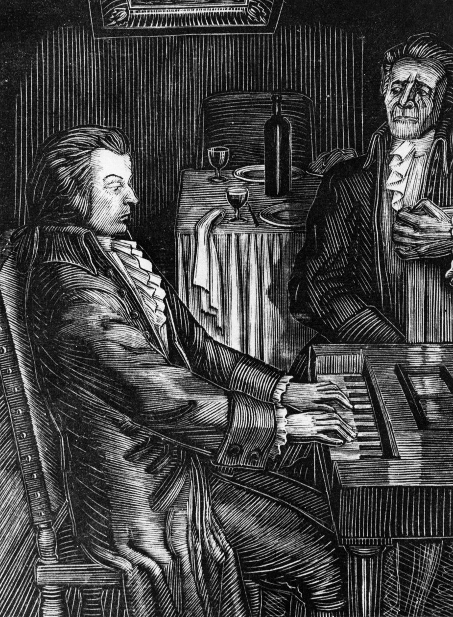 Pienet tragediat Aleksandr Pushkin, Mozart ja Salieri Kuvitus V, Favorsky, puupiirros. tekijältä Unbekannt