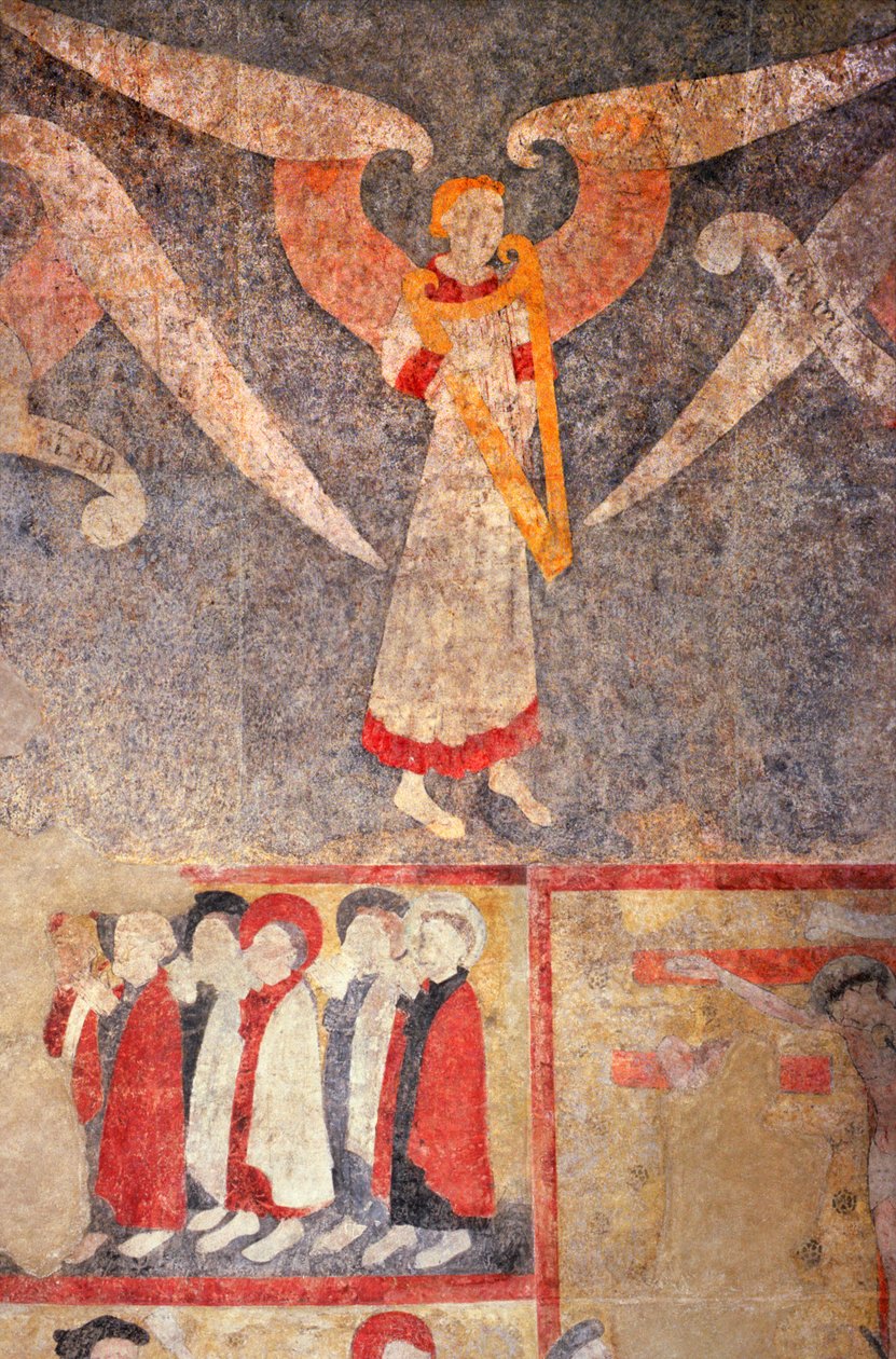 Loire Atlantique N* 080 - St-Sulpice des Landes - Eglise dit du "old bourg" - seinämaalaukset 1400-luvulta - Holvin enkeli soittamassa "rebecia" (viole) tekijältä Unbekannt