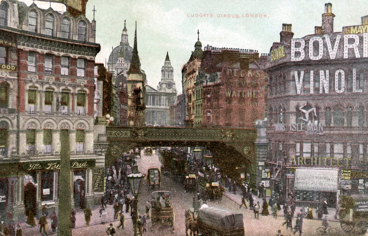 Lontoo - Ludgate Hill Lontoon Cityssä, 1900-luvun alussa (postikortti). tekijältä Unbekannter Künstler