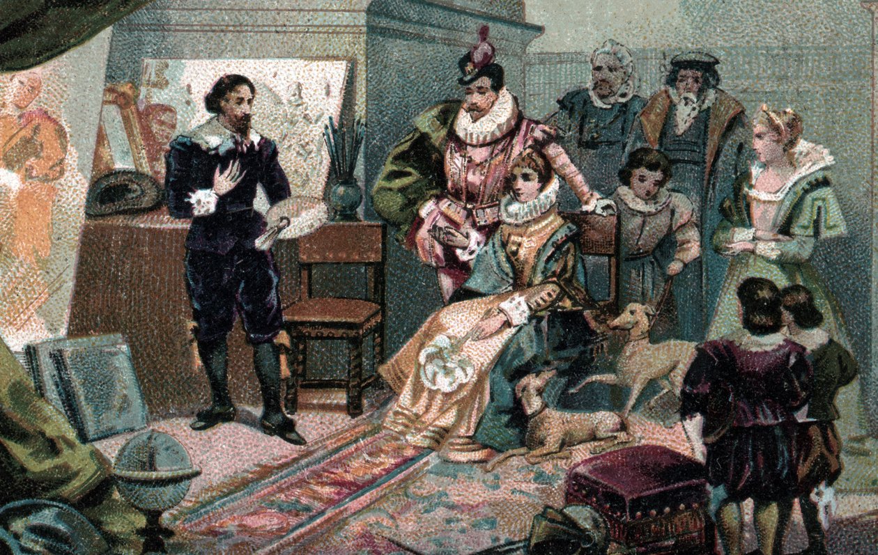 Ludvig XIII ja Anna Itävalta Rubensin studiossa, 1800-luvun loppu (kromolitografia) tekijältä Unbekannter Künstler