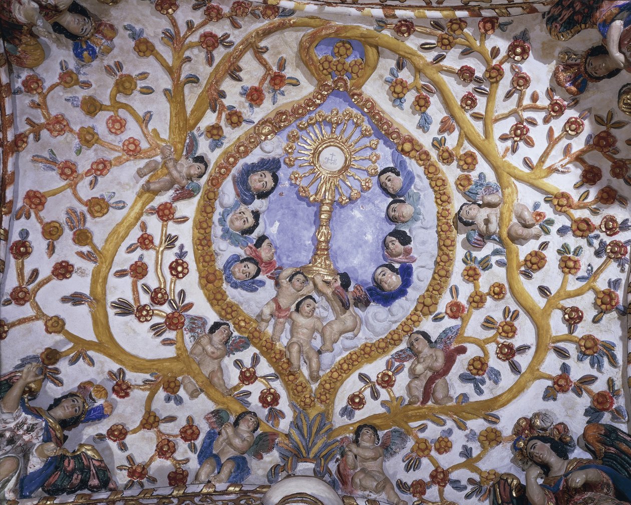 Matala kulmakuva seinämaalauksesta kirkon kupolilla, Santo Domingo Church, Oaxaca, Oaxacan osavaltio, Meksiko tekijältä Benjamin Baud