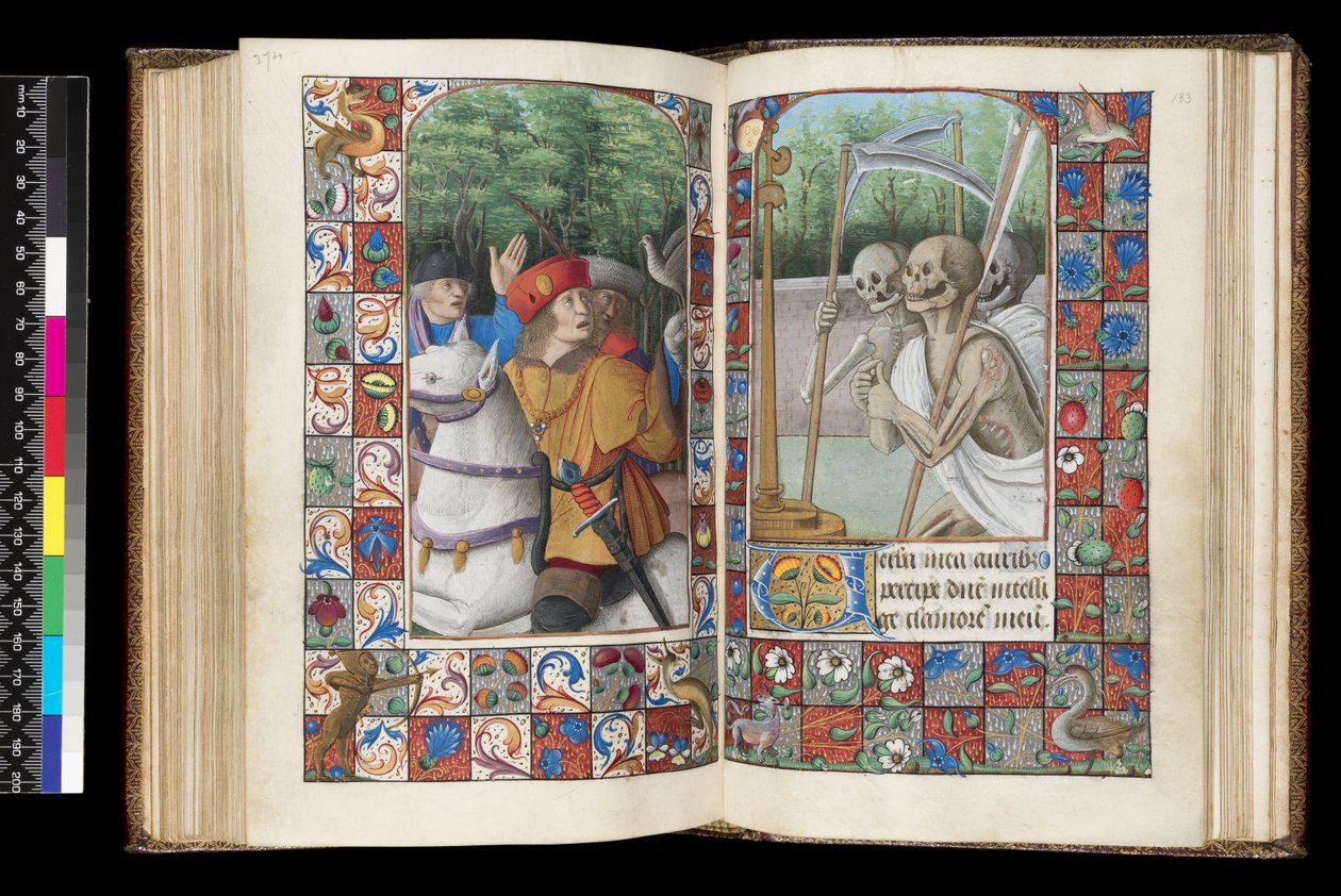 MS 92 f.132v-133r, Kuolleiden toimisto, Matins, Kolme elävää ja kolme kuollutta, Tuntien kirjasta, Länsi-Ranska, Rooman käyttö, 1490-1510 tekijältä Unbekannt
