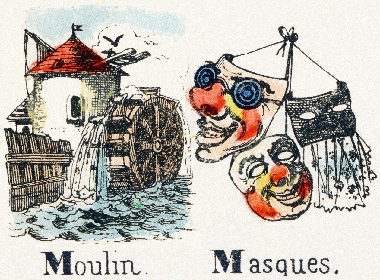 M - Moulin Masques - Aakkoset - Lasten viihde - Epinal-kuvat, suosittu sarja, noin 1890 tekijältä Unbekannt