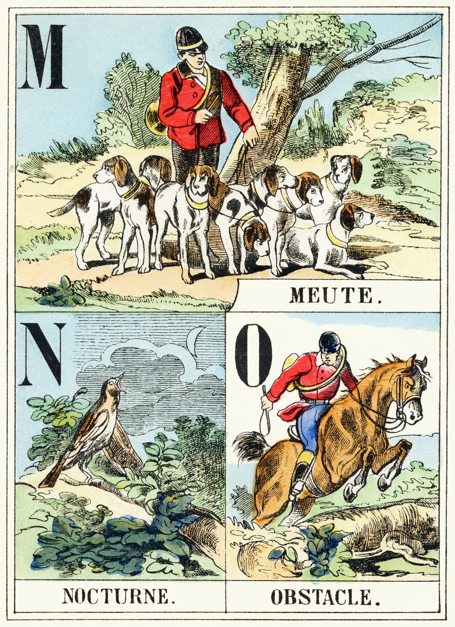M N O : Meute, Nocturne, Este - Metsästysaakkoset, n. 1890 (kaiverrus) tekijältä Unbekannt