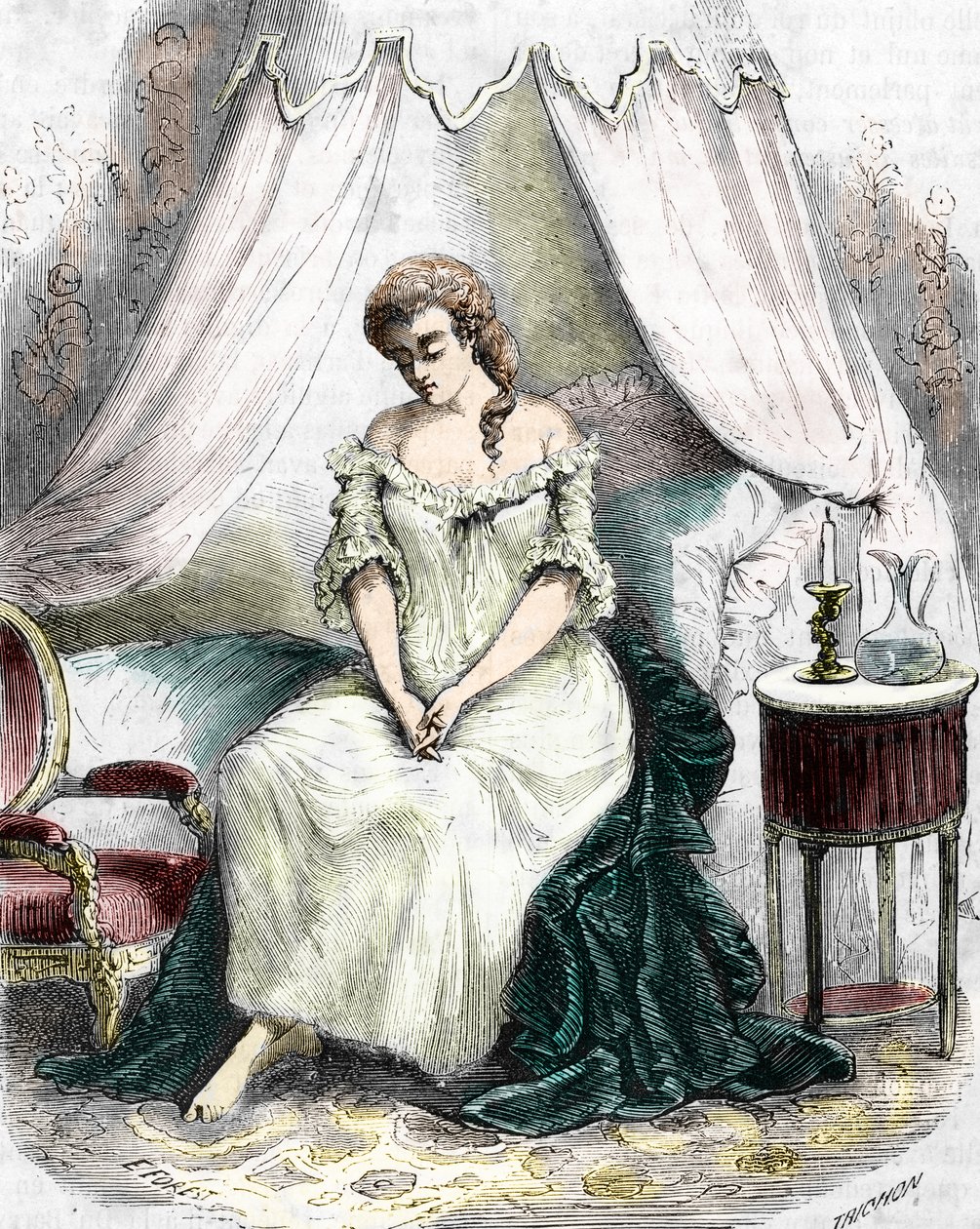 Madame du Barry lukittiin Pont-aux-Damesin luostariin vuonna 1774. 1800-luku (kaiverrus) tekijältä Alec Hunter