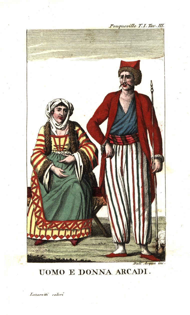 Mies ja nainen Arkadiasta, Peloponnesoksesta, Kreikasta. Kuvituskuva lähteestä Francois Pouquevilleõs Travels through More, Albania and several other parts of the Ottoman Empire. tekijältä Unbekannter Künstler