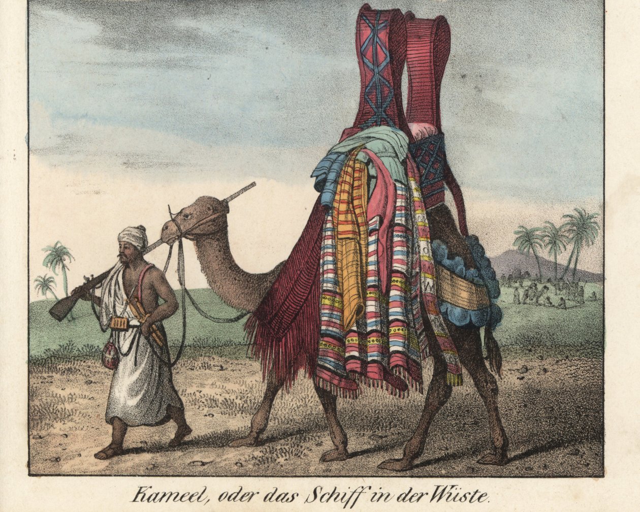 Pohjoisafrikkalainen mies, muskettipyssy, ajaa kamelilla huopakuormaa. Litografia kirjaa varten: Friedrich Wilhelm Goedsche (1785-1863) "Galerie complete en tableaux fideles des peuples d