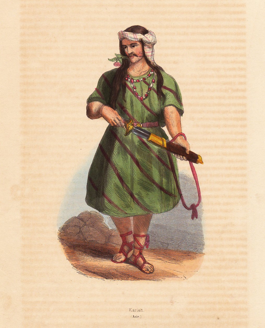 Karen-heimon mies (Karene tai Karyang) (Burma, Myanmar) - Etelä-Burman karen-heimon mies - Käsinväritetty puupiirros teoksesta "Mores, Uses et Costumes de tous les Peoples du Monde, Asia", kirjoittanut Auguste Wahlen, Jean Francois Nicolin salanimi. tekijältä Unbekannter Künstler