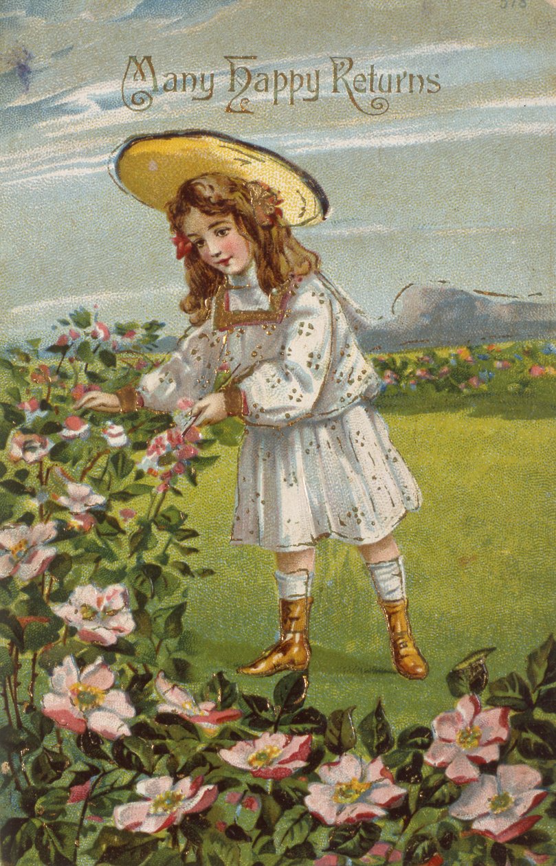 "Monet Happy Returns", viktoriaaninen syntymäpäiväkortti (chromolitho) tekijältä Unbekannter Künstler