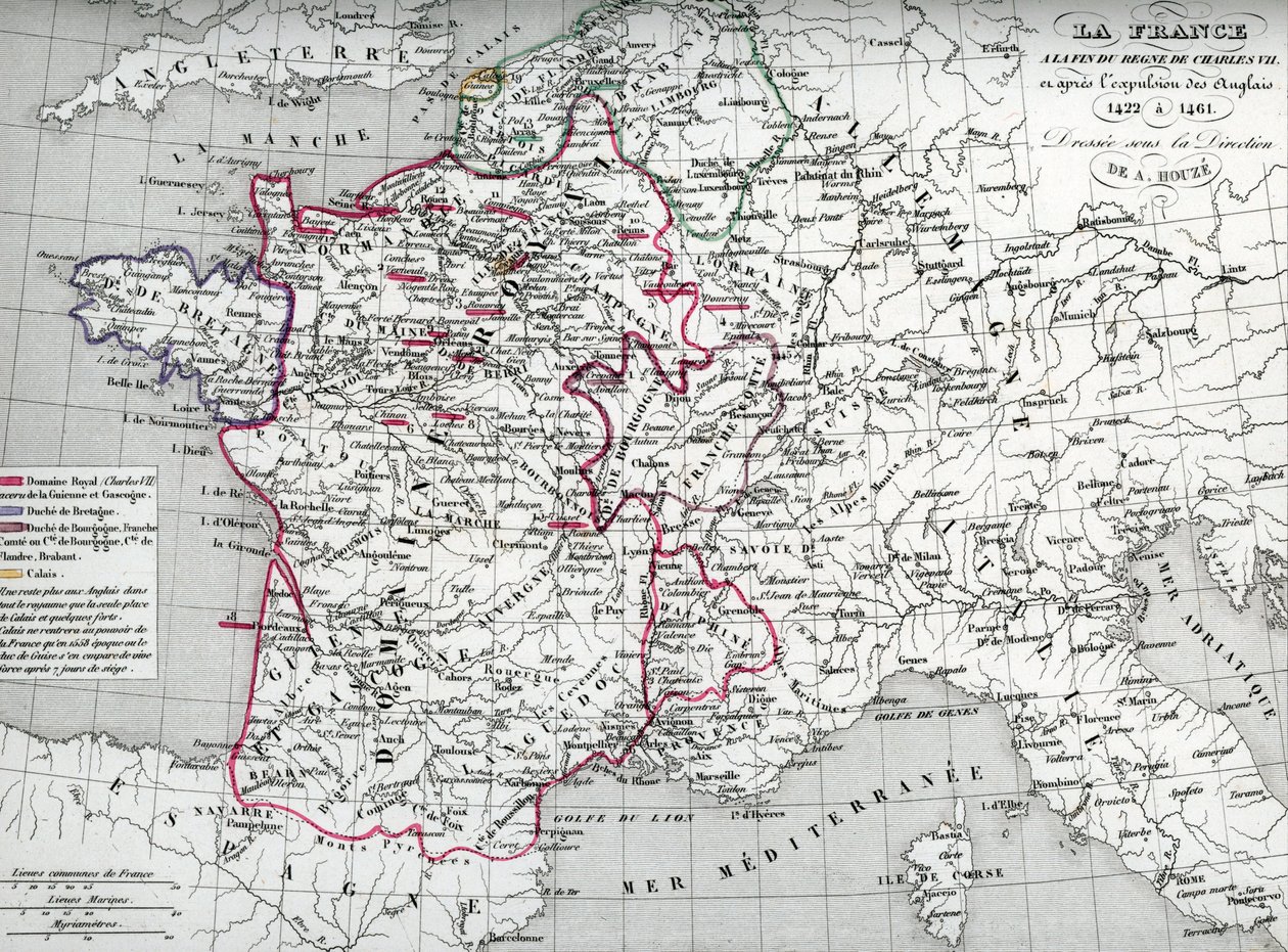 Kartta Ranskasta kuningas Kaarle VII:n aikana ja englantilaisten karkottamisen jälkeen vuosina 1422-1461 (Kartta Ranskasta kuningas Kaarle VII:n aikana) Houzen "Atlas Universel" -teoksesta peräisin oleva levy tekijältä Unbekannter Künstler