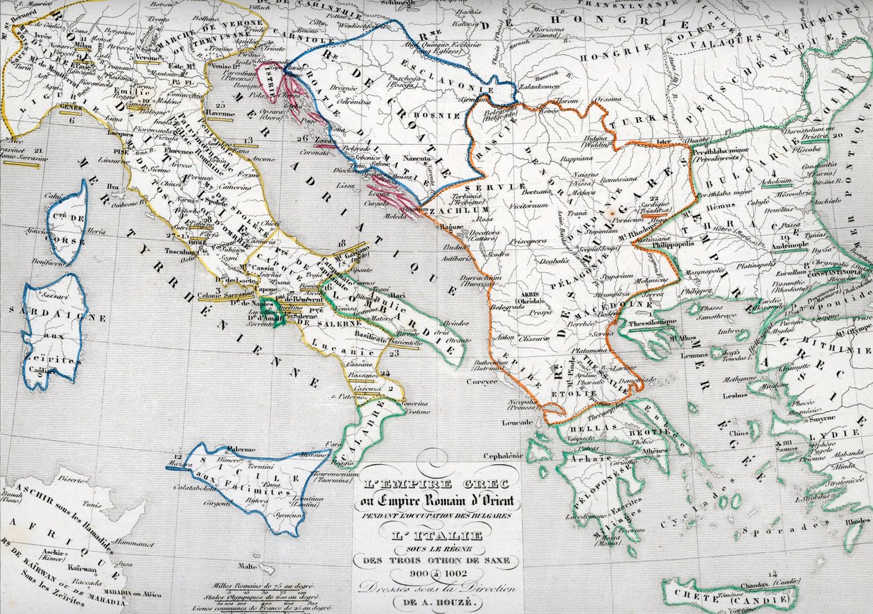 Bysantin keisarikunnan kartta Bulgarian ja Italian miehityksen aikana Otto I:n, Otto II:n ja Otto III:n aikana Pyhän roomalaisen keisarin aikana. tekijältä Unbekannter Künstler